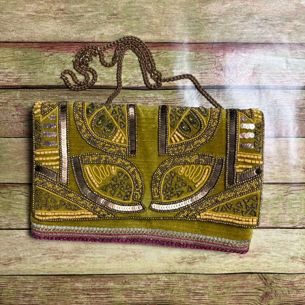Vintage Style Beaded Velvet Clutch Chartreuse Green Art Deco Evening Bag Chain